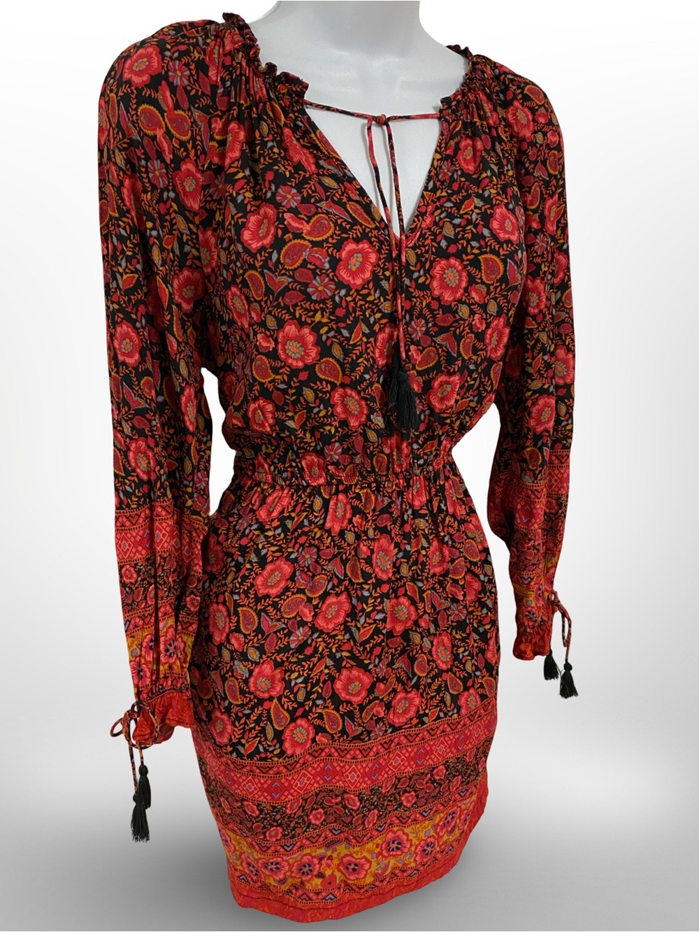 Forever 21 Red Floral Long-Sleeve Tie-Front Dress